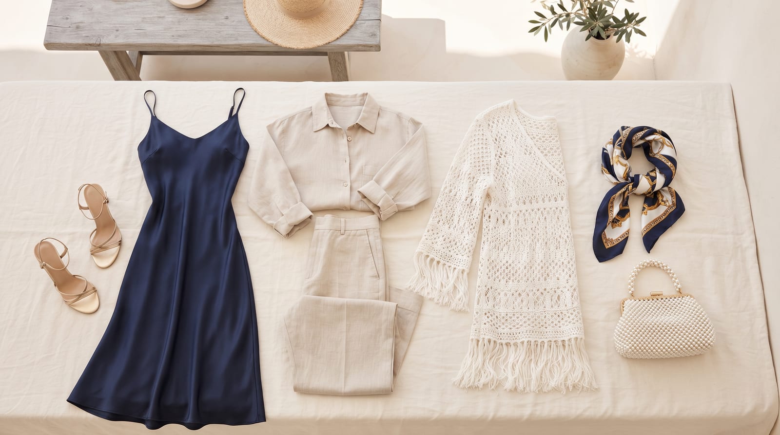 Cruise and resort wear laid out on a linen table — navy slip dress, beige linen shirt-and-pants set, white crochet cover-up, silk scarf, heeled sandals, and a pearl evening bag