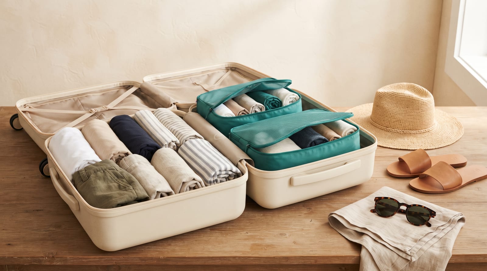 Open cream carry-on suitcase neatly packed with rolled clothes and teal packing cubes, with a straw hat, tan slide sandals, and sunglasses on the table beside it